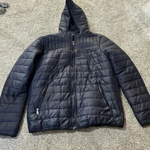 Hanton Men's Polyfill Puffer Jacket Black L Full Zip Pockets Soft Shell Packable